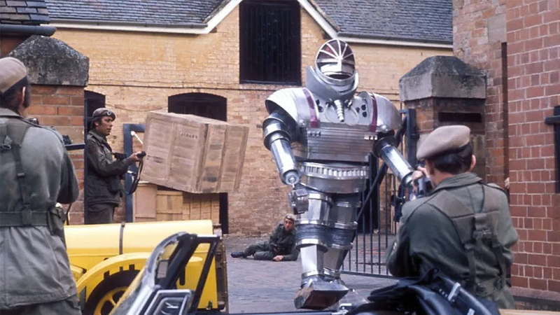 UNIT, a hallmark of the Third Doctor’s era of Doctor Who, faces the titular android of “Robot.”